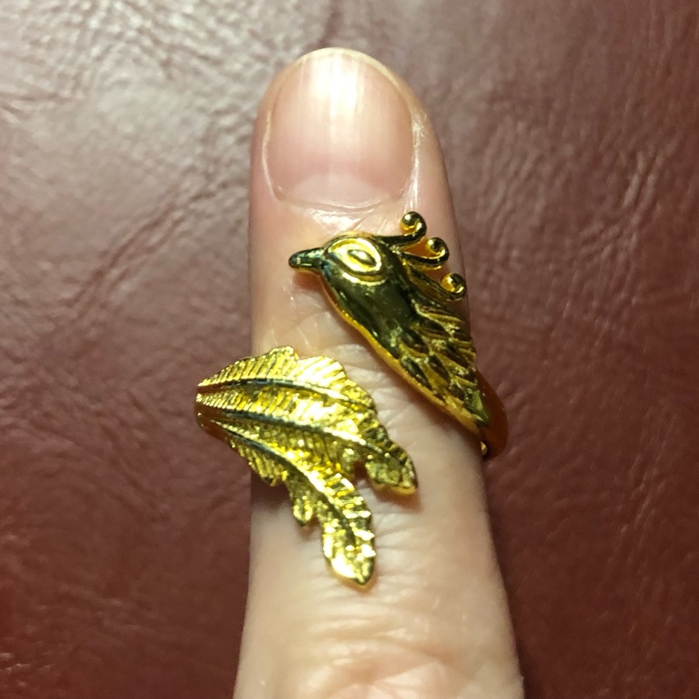 Adjustable 18K gold plated over 925 silver phoenix / peacock ring.